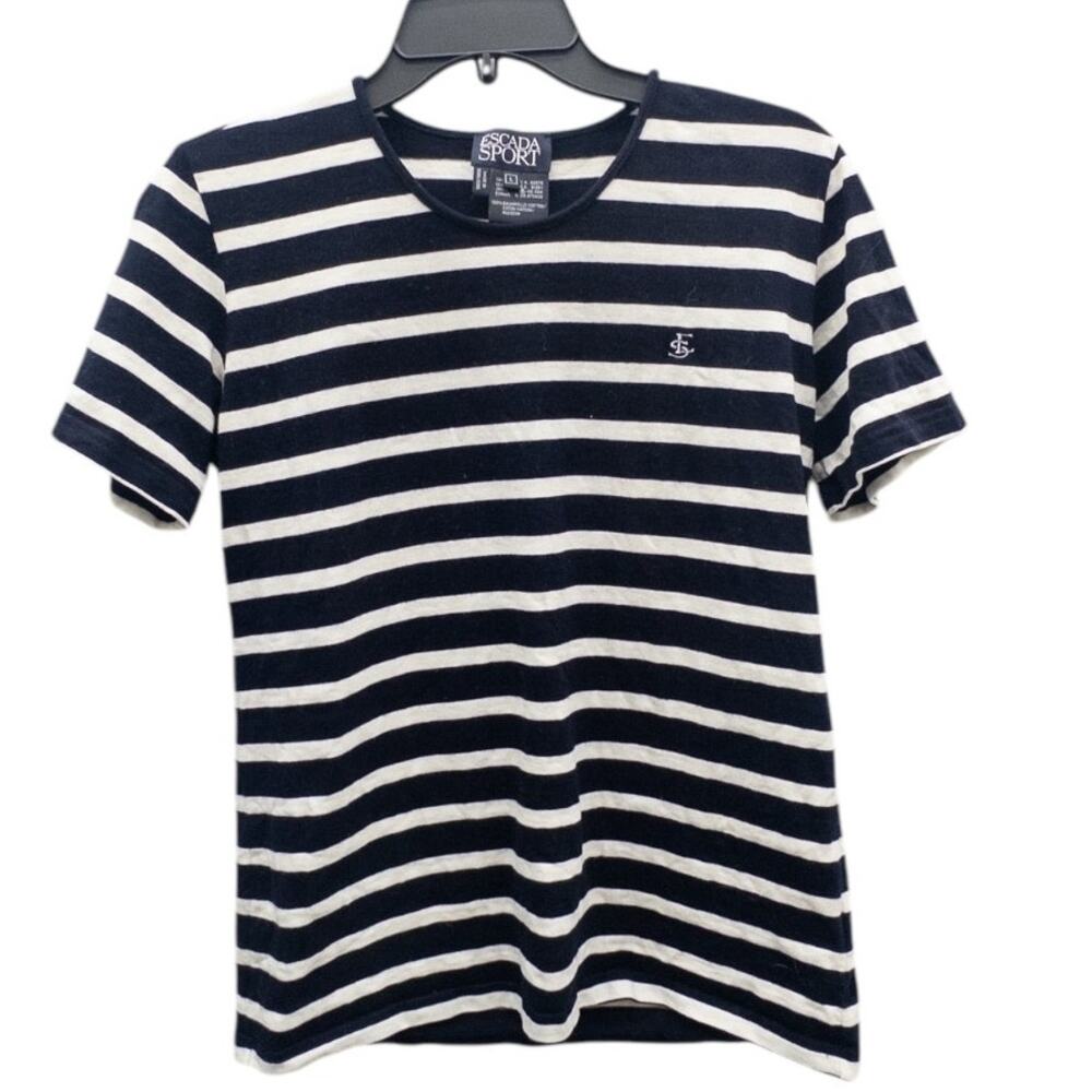 Escada Sport Vintage Striped Crewneck Tee Women's Large Navy White Cotton